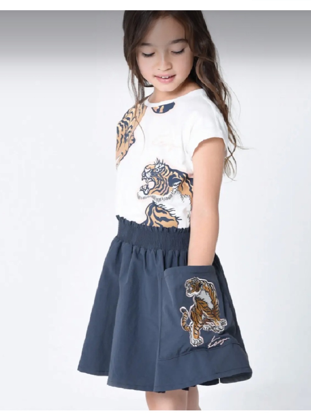 KENZO KIDS Signature Tiger Artwork Skirt & Shirt Set, White/Gray, Size10